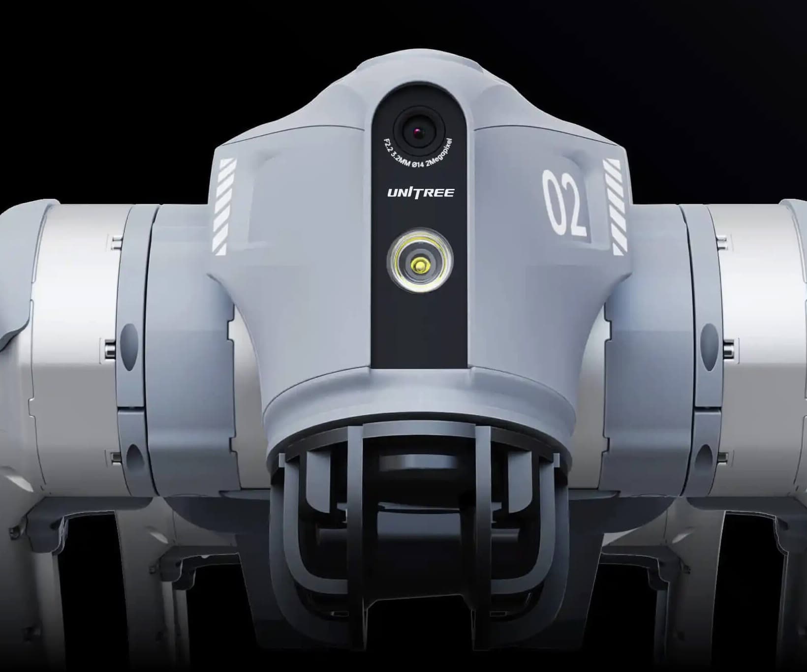 Close-up of the Unitree Go2's head, showing the front camera and lamp