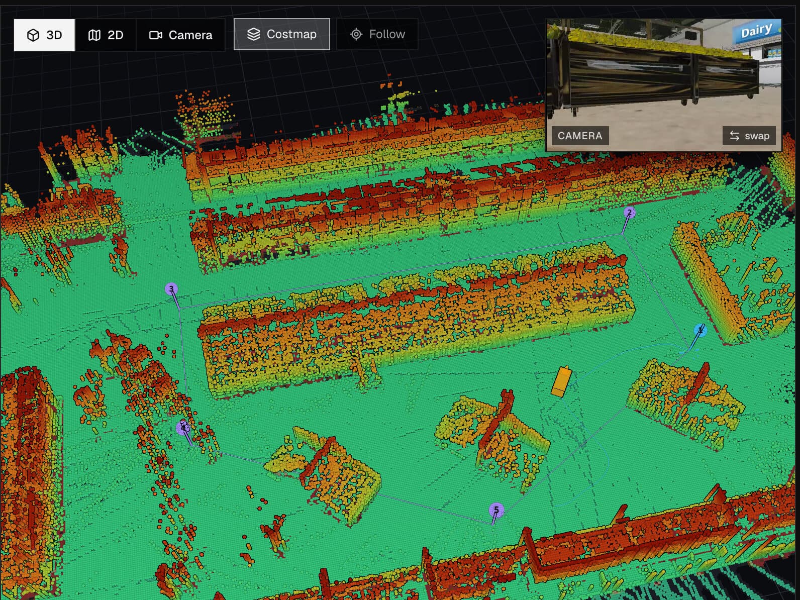 The console's 3D LiDAR map of a site, voxels colored by height, with a five-point route drawn on it and the robot's camera view inset